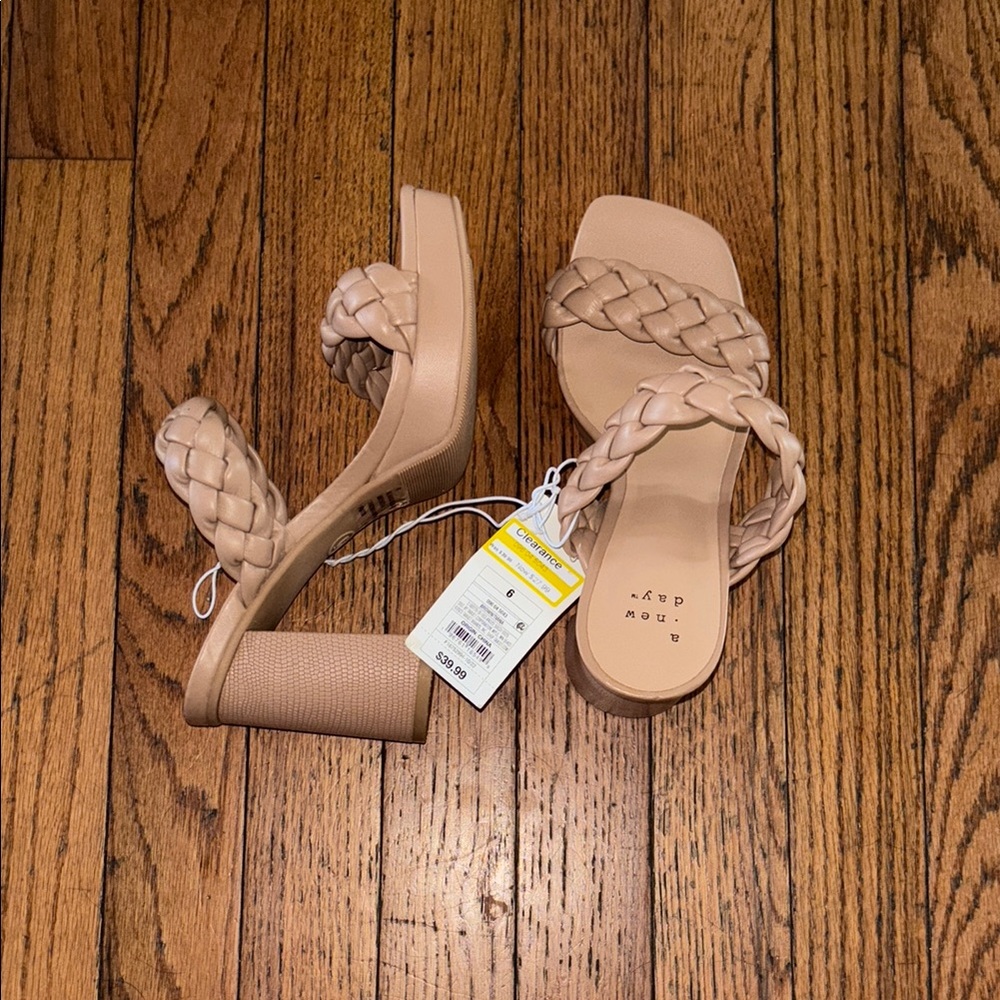 a new day Tan Block Heel Sandals with Braided Design